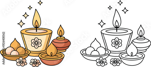Diyas (oil lamps) Illustration and outline set isolated on transparent background