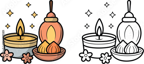 Diyas (oil lamps) Illustration and outline set isolated on transparent background