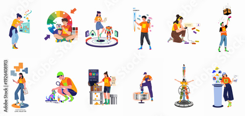 Illustrations depicting diverse aspects of online gaming, character customization, digital progression, user interfaces, and interactive virtual world experiences for modern gamers.