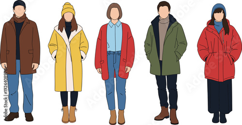 Diverse group of people in colorful winter coats jackets parkas hoodies beanies standing confidently vector illustration casual seasonal fashion