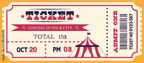 A bright retro-style circus ticket template. Suitable for posters, invitations, and promotional materials. Includes space for date, time, and price.