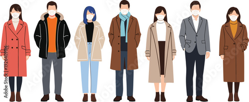 Diverse group of people in stylish winter coats, trench jackets, scarves and white face masks standing in line vector illustration