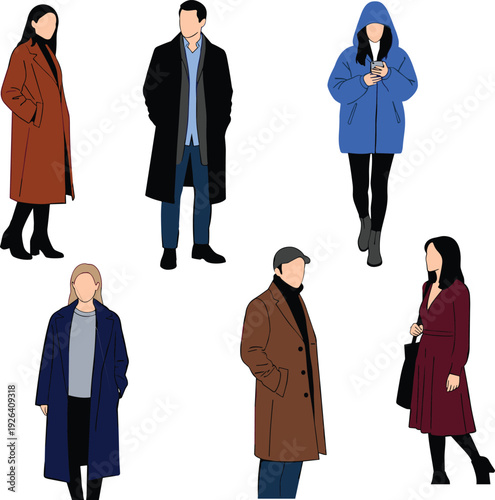 Diverse group of people in winter coats jackets hoodies long trench colorful outfits standing walking vector illustration modern urban fashion