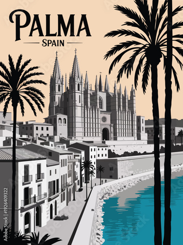 Palma Spain Travel Poster, stylized cityscape illustration, retro travel poster aesthetic, iconic cathedral architecture