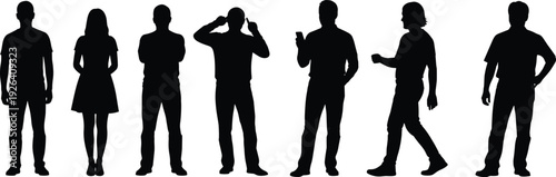 Diverse group of people in various casual poses standing talking thinking walking silhouette vector illustration everyday modern lifestyle figures