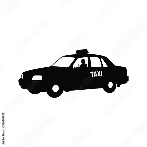taxi silhouette vector illustration, Classic black and white taxi cab silhouette vector illustration with driver and roof light