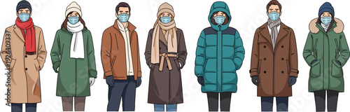 Diverse group of people in winter coats, jackets, scarves, beanies and blue face masks standing together during cold season vector illustration
