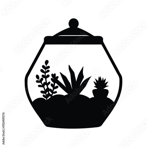 terrarium silhouette vector illustration, Elegant terrarium with lush green plants inside a glass container silhouette vector illustration