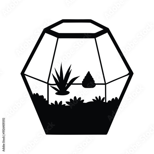 terrarium silhouette vector illustration, Elegant geometric terrarium with green succulent plants and decorative stone silhouette vector illustration