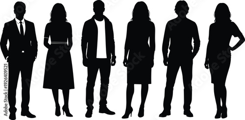 Diverse group of people silhouettes, men in suits jacket sweater, women in dress midi skirt, casual formal poses, black vector illustration, stylish figures