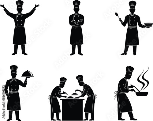 Chef silhouette collection, professional cook characters preparing and serving food isolated for restaurant and culinary design