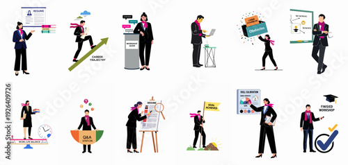 Professional development and career trajectory workshop with businesspeople achieving success and skill growth.