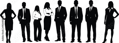 Black silhouette business team standing confident poses, men and women in suits and dresses, professional corporate group vector illustration set