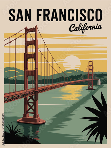San Francisco California Poster, stylized cityscape illustration, iconic bridge design, retro travel poster aesthetic