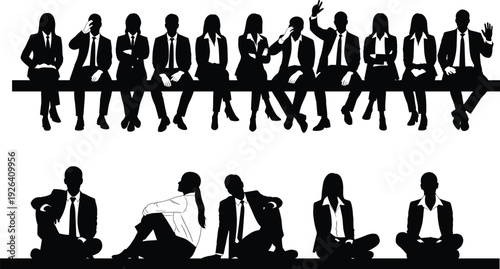 Black silhouette business people sitting in row, corporate team waiting, men and women in suits, conference audience poses, vector illustration set