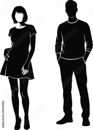 Black silhouette couple man and woman standing side view, woman in short dress, man in sweater and pants, vector fashion figures
