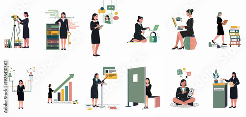 Business professionals engaged in diverse tasks including data management, security, communication, and administrative work in a modern corporate setting.