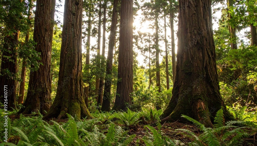 Fototapeta premium Sunlight filters through the lush green foliage of a tranquil forest path lined with pine trees during a vibrant spring season in nature