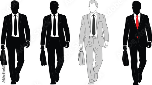 Businessmen walking in formal suits ties briefcases black and gray silhouette vector illustration confident professional men isolated on white background.