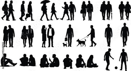Collection of black silhouette people walking, couples holding hands, sitting groups, man walking dog, playing soccer, vector illustration set, crowd figures