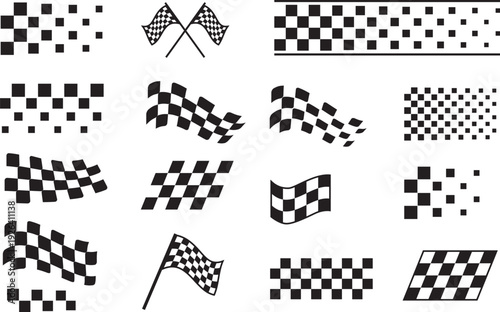 A set of black and white checkered racing flags and stripes in various shapes.