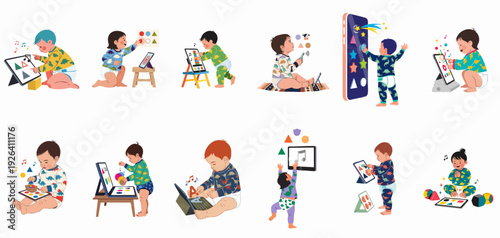 Diverse babies and toddlers engaging with educational apps on tablets and smartphones, learning shapes, colors, and music through interactive digital play.