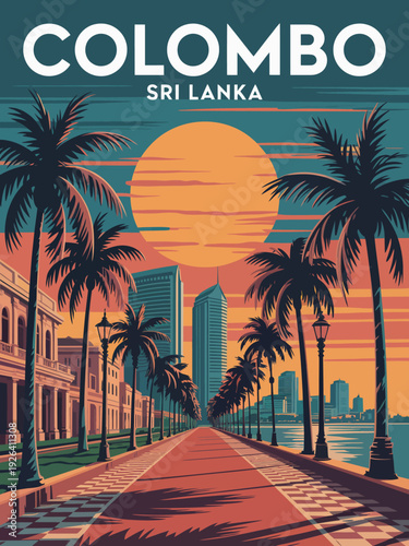 Colombo Sri Lanka Sunset Poster, large white COLOMBO text, SRI LANKA in smaller text, palm tree-lined promenade at sunset
