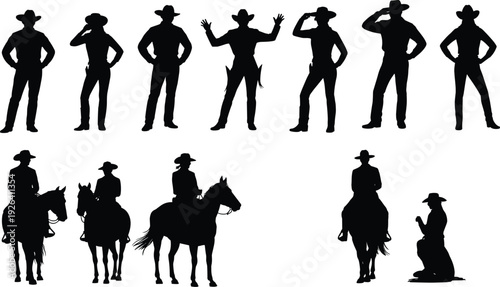 Cowboy silhouette collection, western ranch riders and standing cowboys with horses isolated for rodeo and country design