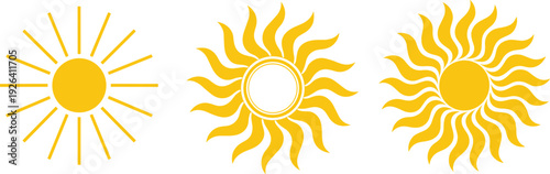 Set of yellow sun icons, shining summer solar symbols, sunny weather rays, flat vector illustration of star light elements for design (21 words)