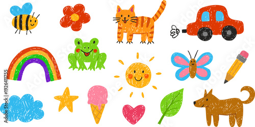 A set of cute children's hand-drawn illustrations, drawn with pencil, chalk, or marker.