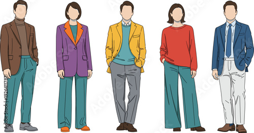 Colorful blazer outfits for men and women, wide leg trousers and turtleneck, modern smart casual fashion, flat vector illustration lineup