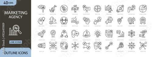 Marketing agency icon set representing digital marketing, branding, advertising campaigns, social media management, content strategy, analytics, client services concepts in clean outline vector style.