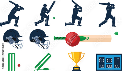 Set Of Cricket Sports Equipment Featuring Player Silhouettes Bat Ball Wickets Trophy And Digital Scoreboard For Tournament Graphics.