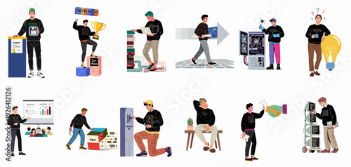 Programmer's journey: problem-solving, development, data processing, debugging, and career success in technology.