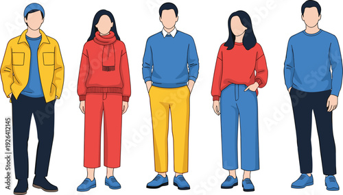 Colorful fashion illustration of five faceless people standing in casual outfits sweaters jackets pants scarves modern style group avatars