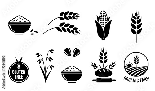 A set of black and white vector graphics depicting various organic farm and gluten free icons