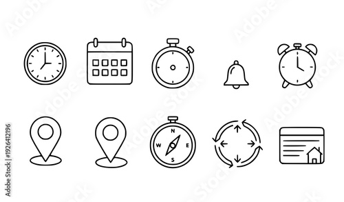 A set of minimalist line art icons representing time and navigation