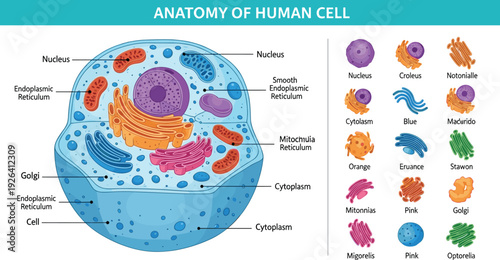 Comprehensive Anatomy Of Human Cell Educational Poster With Labeled Organelles And Color Coded Biological Structure Reference Guide