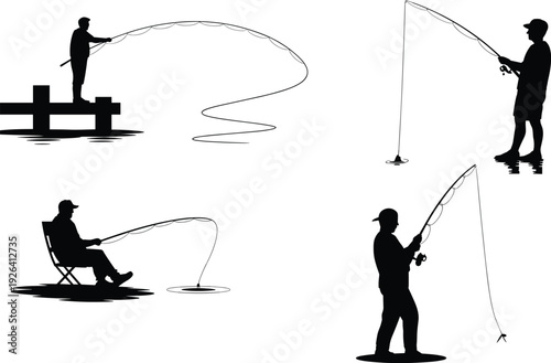 Fishing silhouette set, anglers casting rods from pier and shore isolated for outdoor sport illustration design