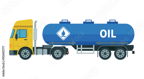 Oil Tanker Truck Illustration, yellow cab with blue storage tank in colorful vector style