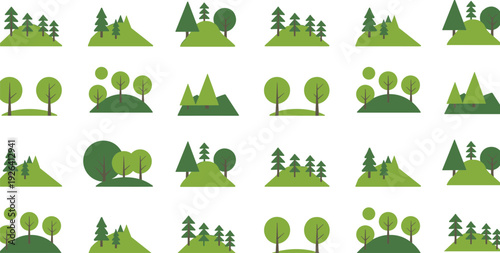Flat landscape icon set, green hills mountains and trees collection for eco nature design and map illustration