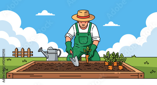Farmer Planting Seedlings in Garden Bed.