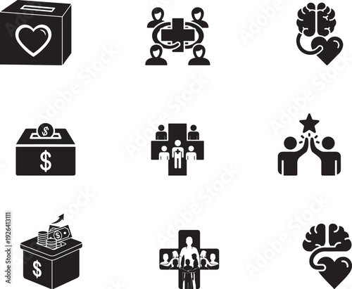 Black and white icons representing charity healthcare and community support