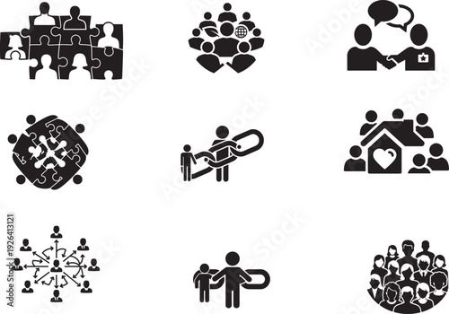 Black silhouettes depicting teamwork connection and community concepts