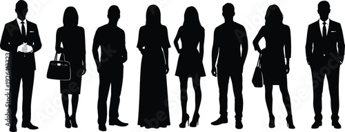 Diverse business professionals in formal suits dresses blazers ties handbags standing in line black silhouette vector illustration isolated white background.