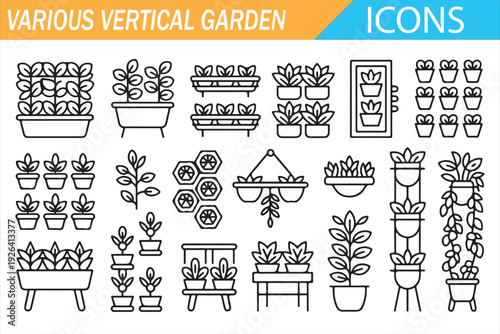 Home Decor Vertical Garden Plant Icon Set in Minimal Outline Style