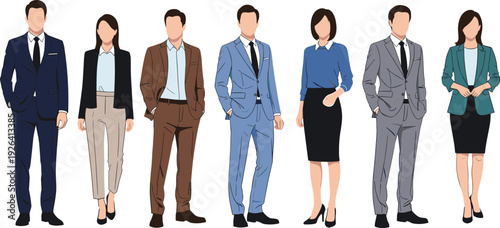 Diverse business professionals in formal suits, blazers, and office attire standing together, faceless vector illustration for corporate team and workplace diversity.