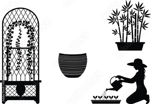 Gardening and home decor silhouette set, trellis plants bamboo pot and woman watering seedlings illustration