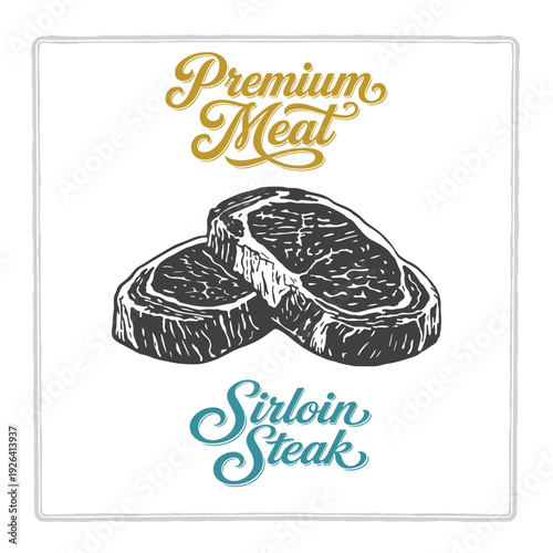 Sirloin steak illustration featuring a composition of two beef cuts with premium meat lettering in vintage engraving style. Hand drawn design for butcher shops, menus and packaging. Part of set.
