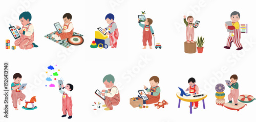 Modern childhood: babies interacting with educational tablets and traditional toys, exploring digital learning and hands-on play.
